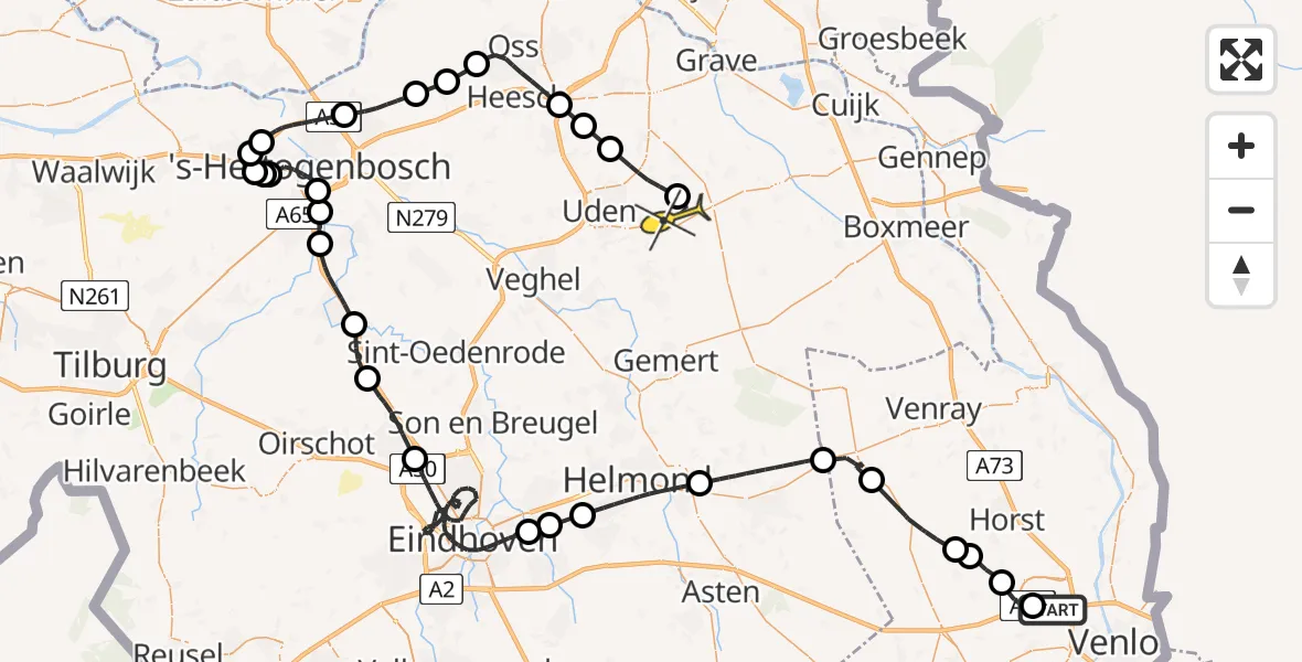 Routekaart van de vlucht: Politiehelikopter naar Vliegbasis Volkel, Europaweg
