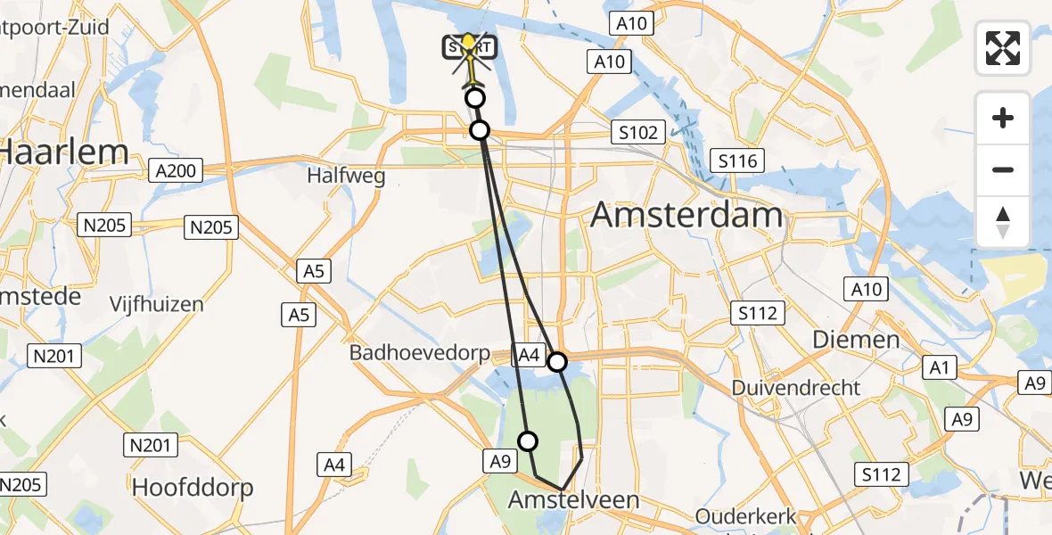 Routekaart van de vlucht: Lifeliner 1 naar Amsterdam Heliport, Rhodosweg