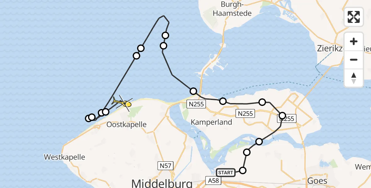 Routekaart van de vlucht: Kustwachthelikopter naar Oostkapelle, Calandweg