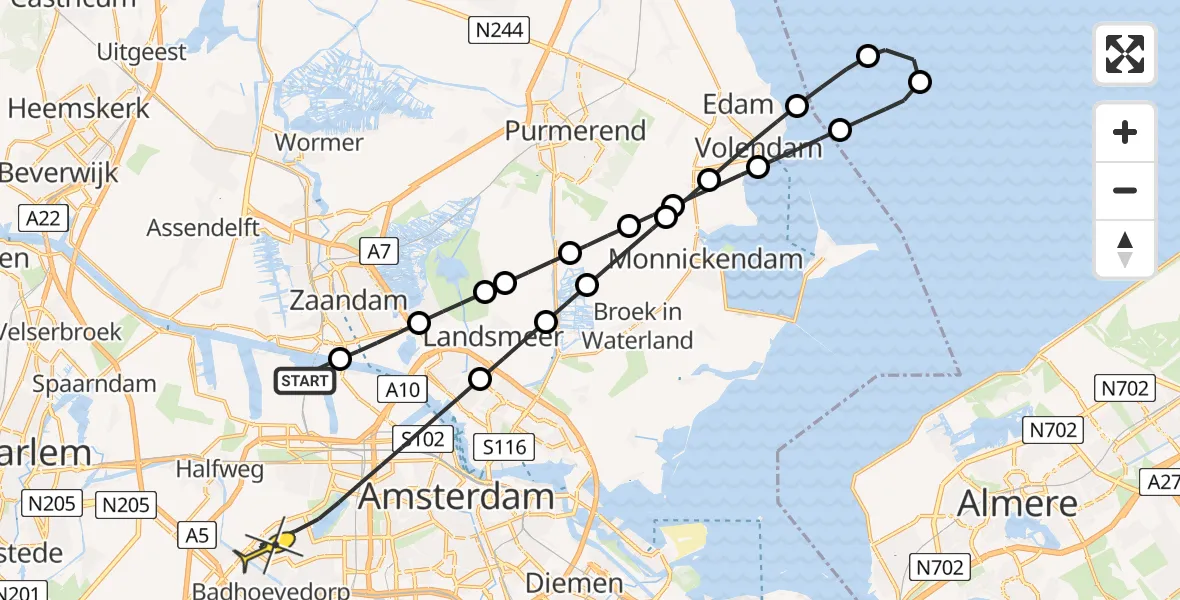Routekaart van de vlucht: Lifeliner 1 naar Amsterdam, Stadsstrand Kanaal Noord