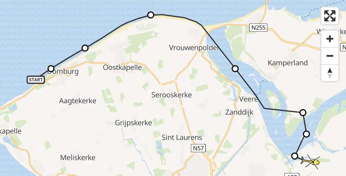Routekaart van de vlucht: Kustwachthelikopter naar Vliegveld Midden-Zeeland, Strand Vrouwenpolder