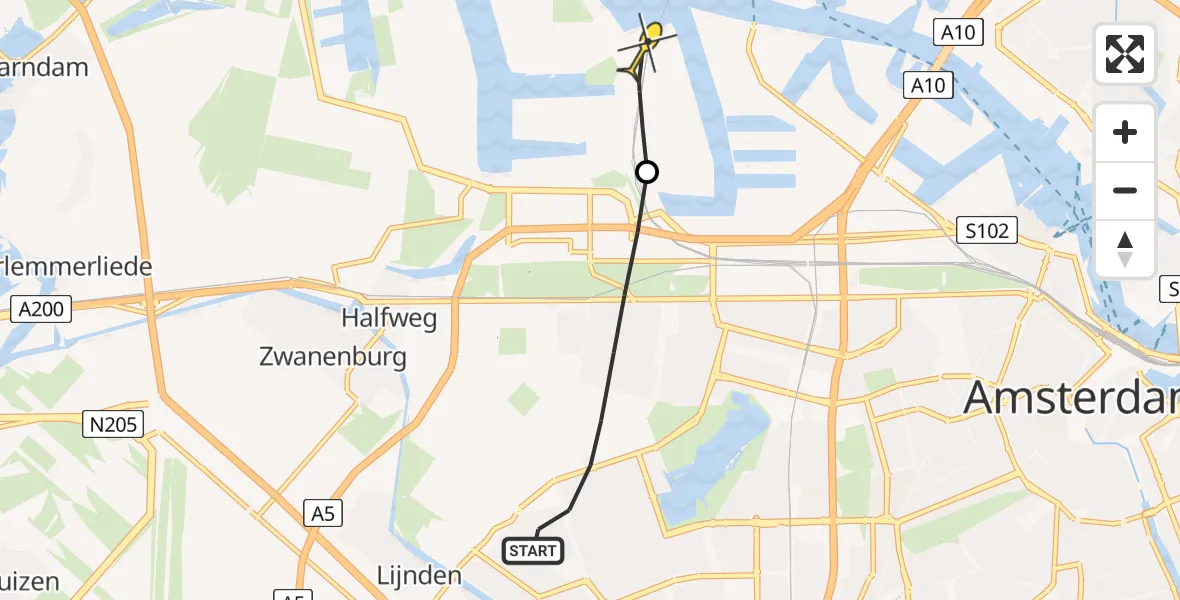 Routekaart van de vlucht: Lifeliner 1 naar Amsterdam Heliport, Ma Braunpad