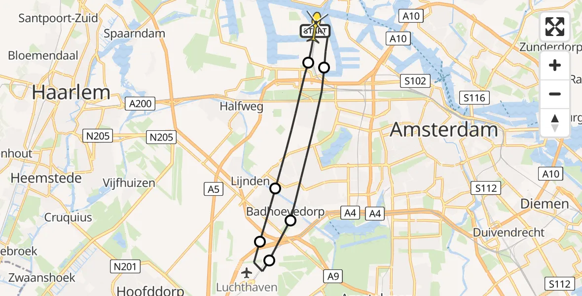 Routekaart van de vlucht: Lifeliner 1 naar Amsterdam Heliport, Corsicaweg