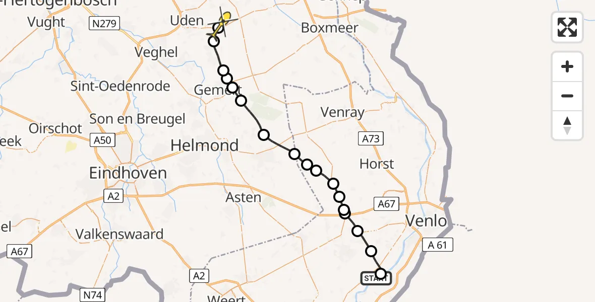 Routekaart van de vlucht: Politieheli naar Vliegbasis Volkel, Schijfweg-Noord