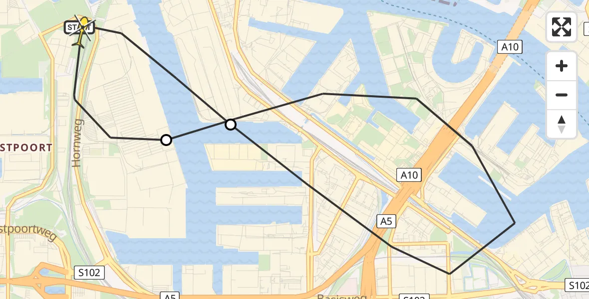 Routekaart van de vlucht: Lifeliner 1 naar Amsterdam Heliport, Kompasweg
