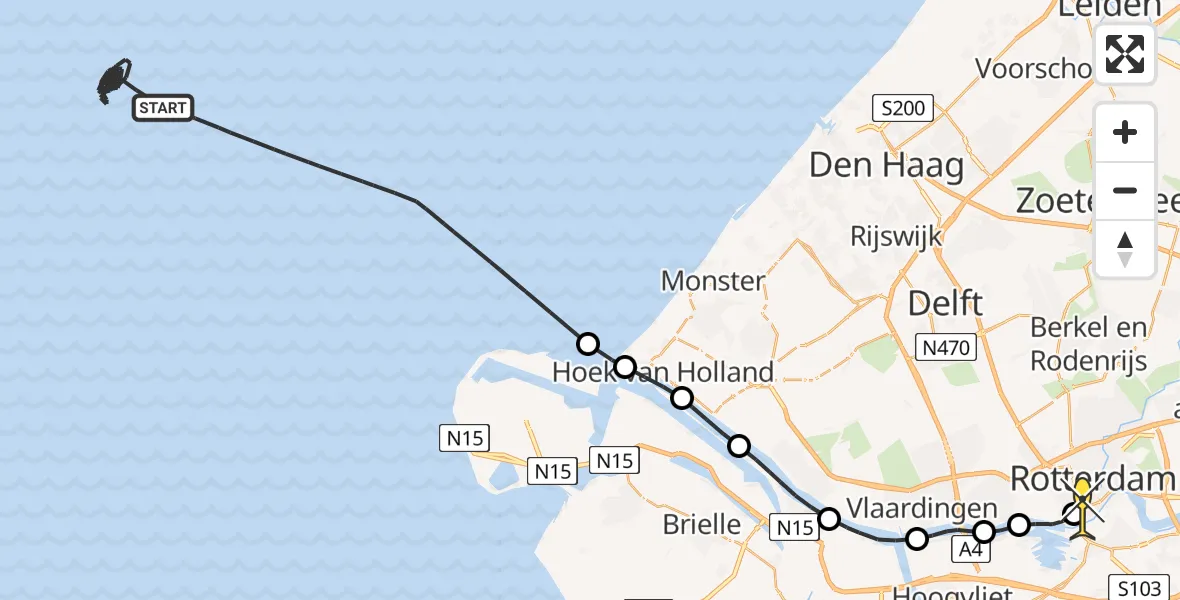 Routekaart van de vlucht: Kustwachthelikopter naar Erasmus MC, Westzeedijk