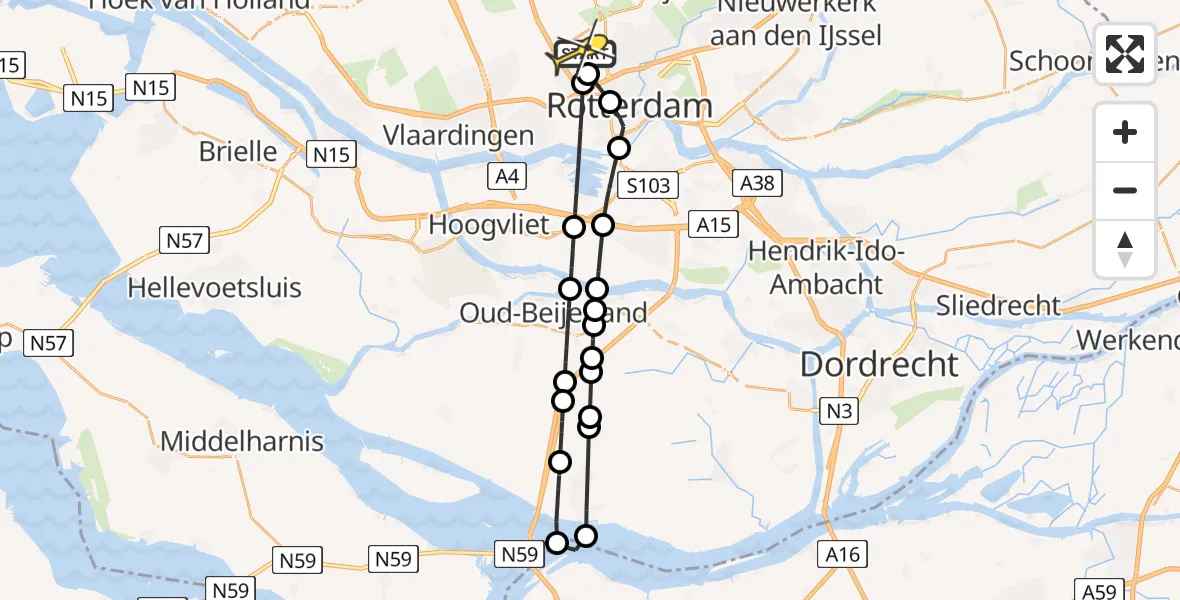 Routekaart van de vlucht: Lifeliner 2 naar Rotterdam The Hague Airport, 2e Pilotenpadbrug