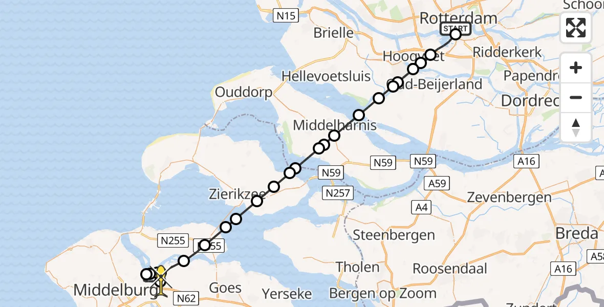 Routekaart van de vlucht: Kustwachthelikopter naar Vliegveld Midden-Zeeland, Willemskade