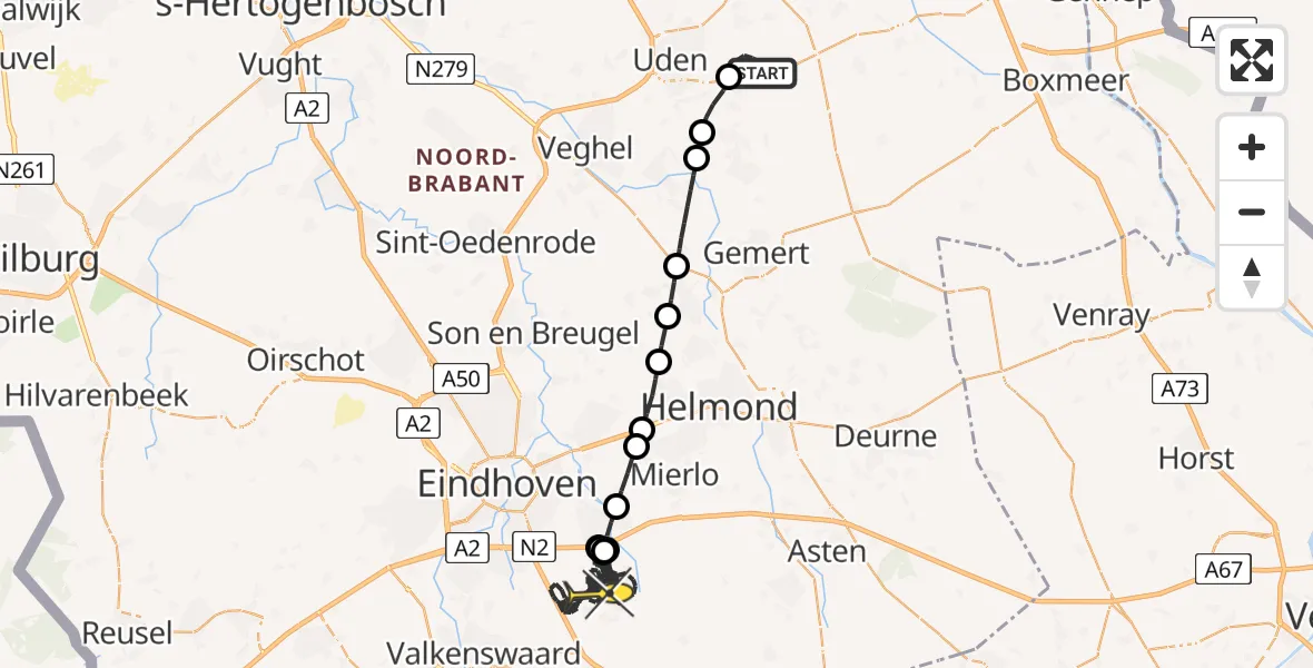Routekaart van de vlucht: Politiehelikopter naar Heeze, Zeelandsedijk