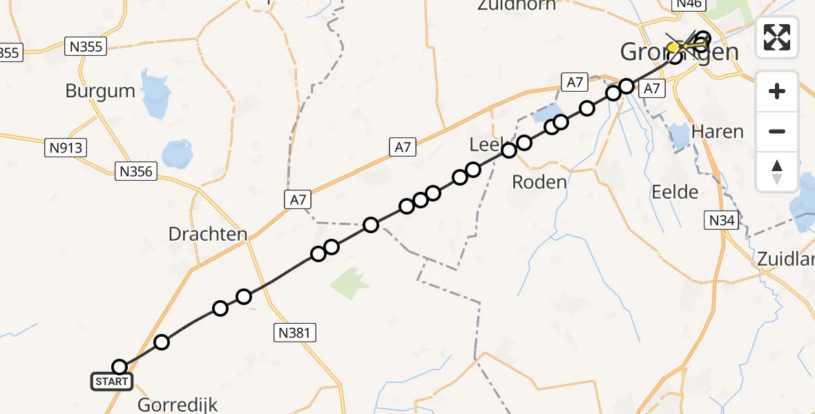 Routekaart van de vlucht: Lifeliner 4 naar Universitair Medisch Centrum Groningen, De Vonken