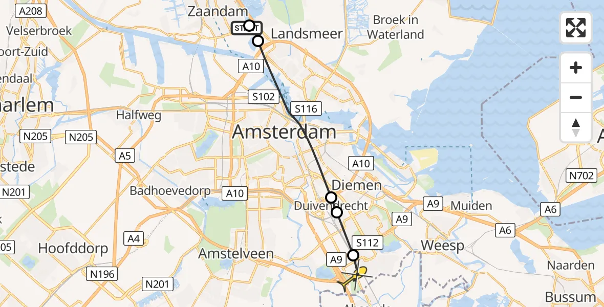 Routekaart van de vlucht: Lifeliner 1 naar Academisch Medisch Centrum (AMC), Depot Noorder IJplas