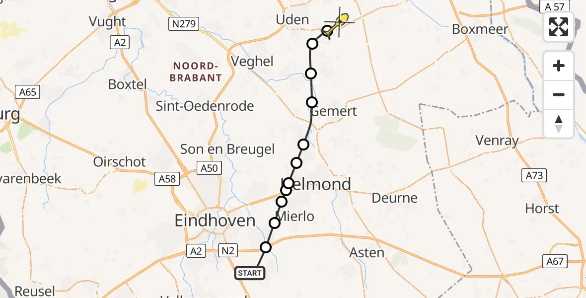 Routekaart van de vlucht: Politiehelikopter naar Vliegbasis Volkel, Huisvenseweg