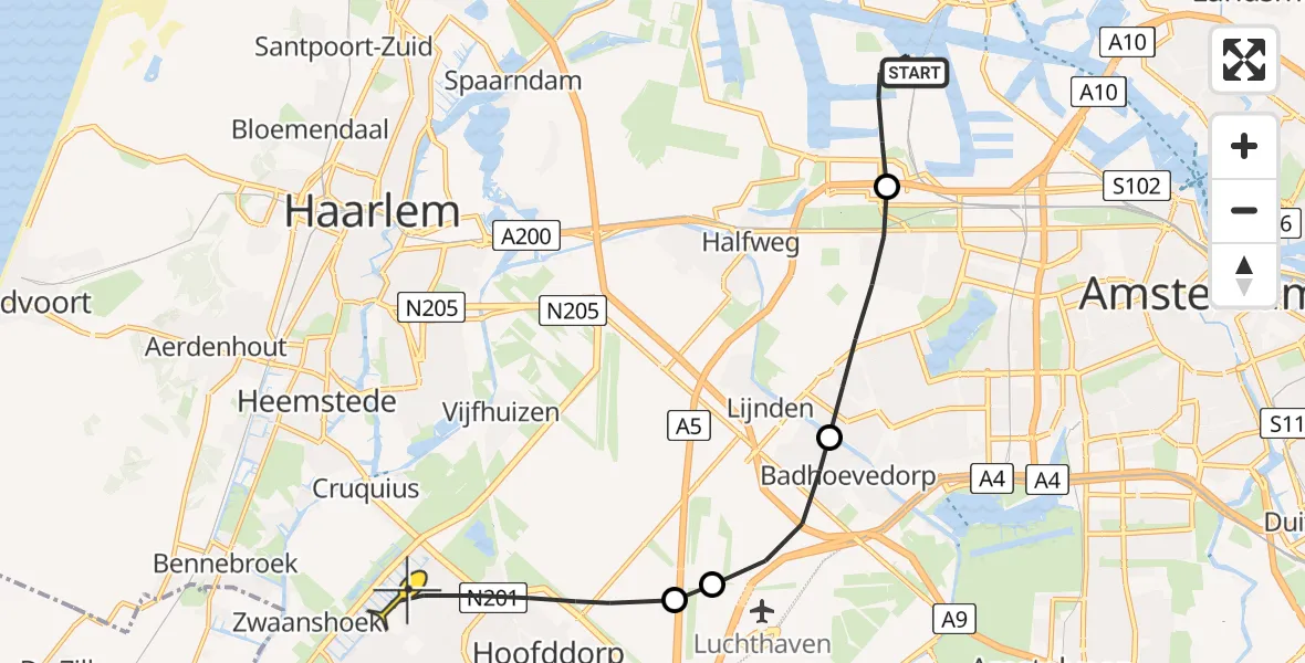 Routekaart van de vlucht: Lifeliner 1 naar Hoofddorp, Hornweg