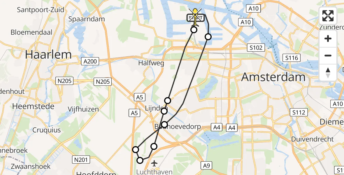 Routekaart van de vlucht: Lifeliner 1 naar Amsterdam Heliport, Kompasweg