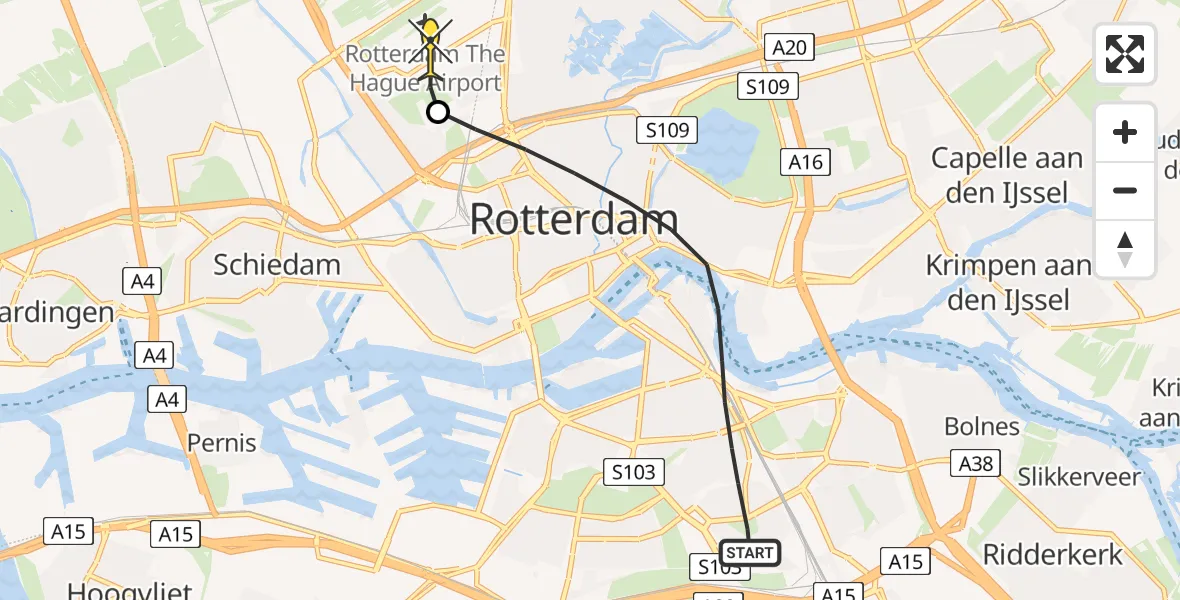 Routekaart van de vlucht: Lifeliner 2 naar Rotterdam The Hague Airport, Jan Vrijlandtsingel
