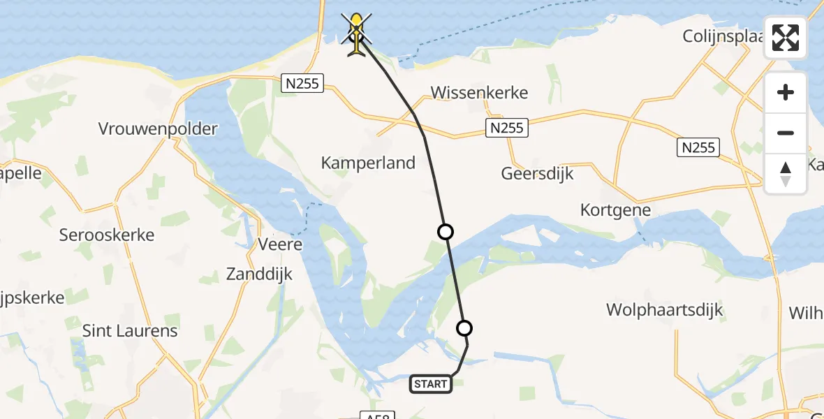 Routekaart van de vlucht: Kustwachthelikopter naar Vrouwenpolder, De Pietweg