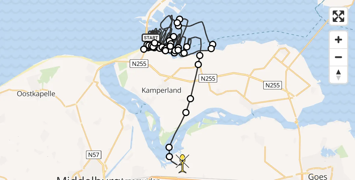 Routekaart van de vlucht: Kustwachthelikopter naar Vliegveld Midden-Zeeland, Hoogh Plaetweg