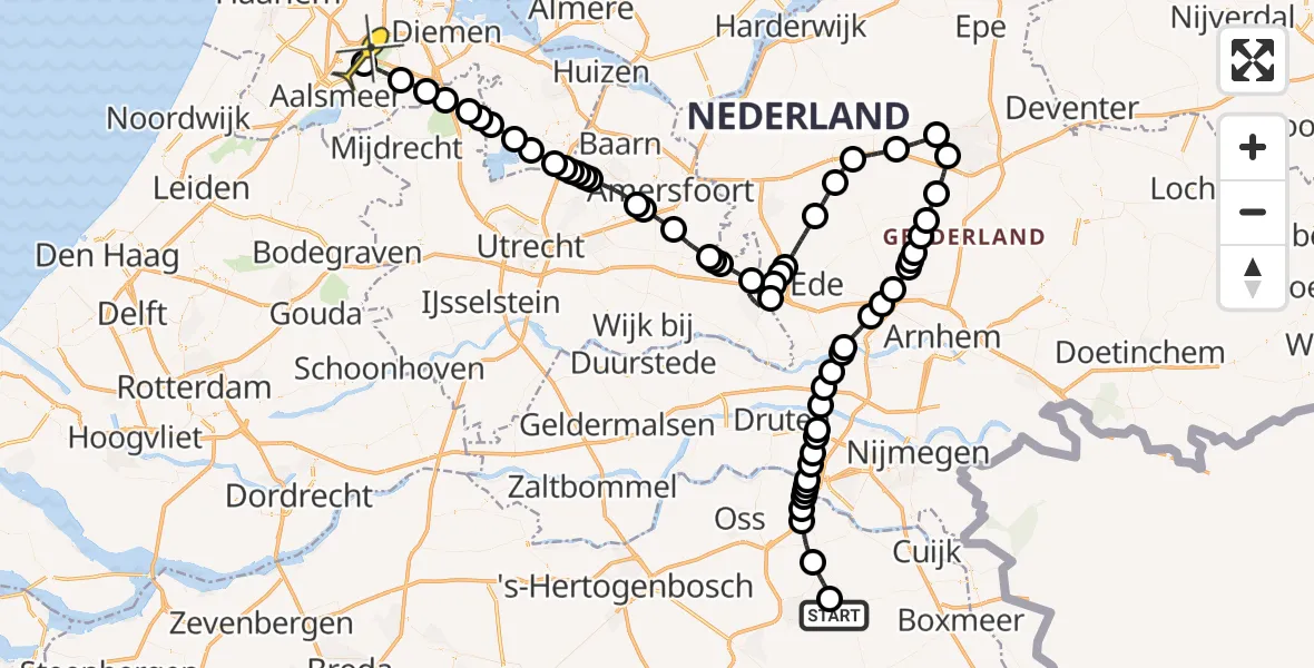 Vluchtroute Politiehelikopter van Vliegbasis Volkel naar Schiphol