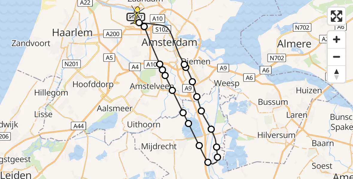 Routekaart van de vlucht: Traumaheli naar Amsterdam Heliport, Kajuitpad