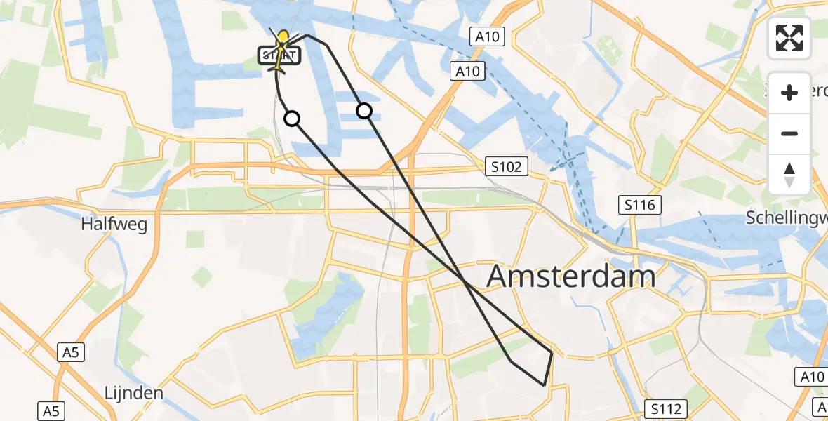 Routekaart van de vlucht: Lifeliner 1 naar Amsterdam Heliport, Westhavenweg