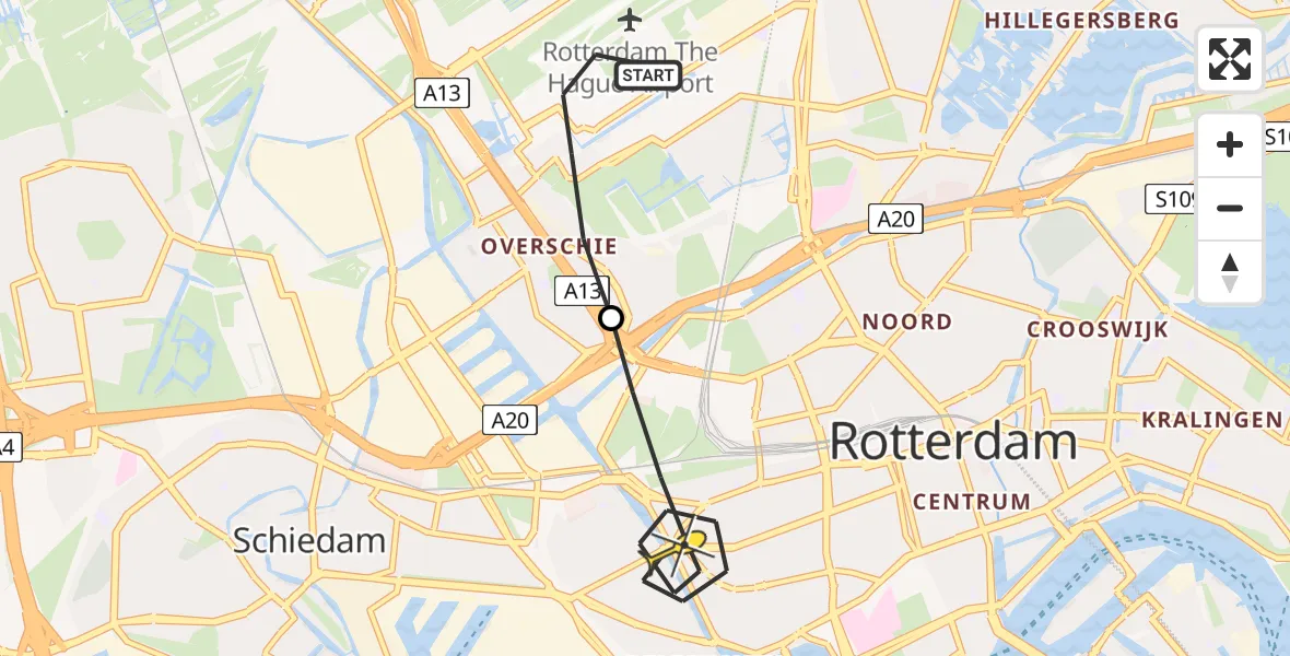Routekaart van de vlucht: Lifeliner 2 naar Rotterdam, Schipholstraat