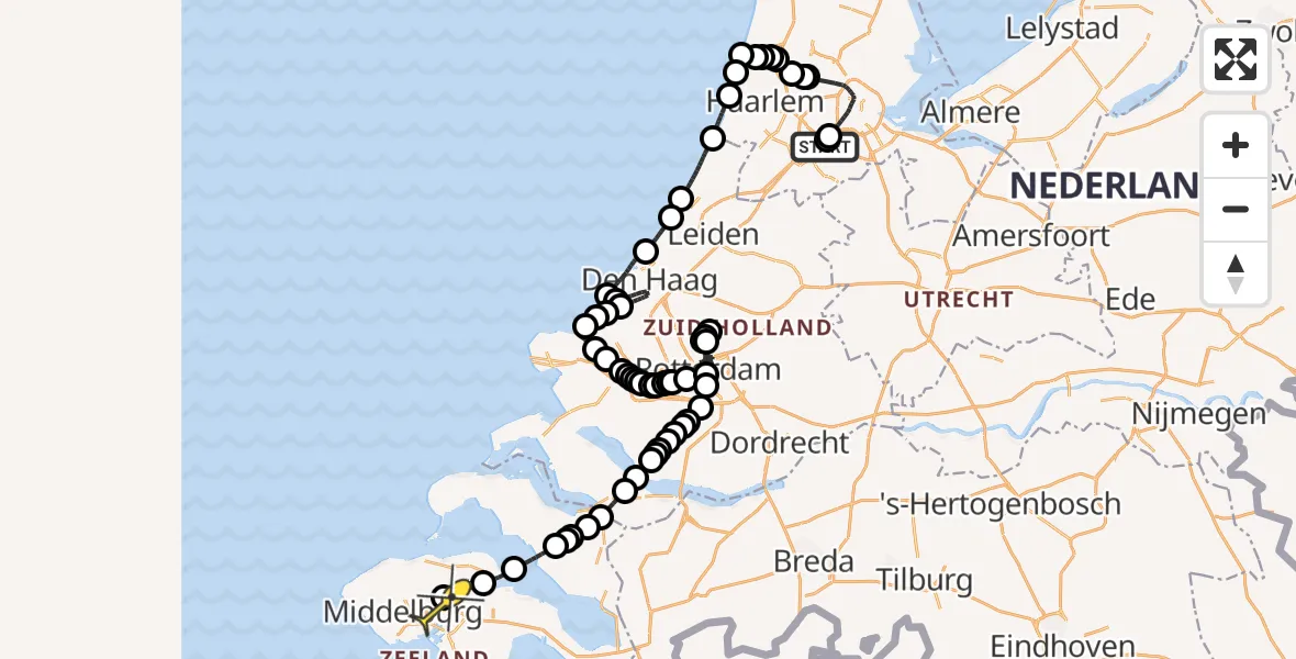 Routekaart van de vlucht: Politieheli naar Vliegveld Midden-Zeeland, Schipholweg