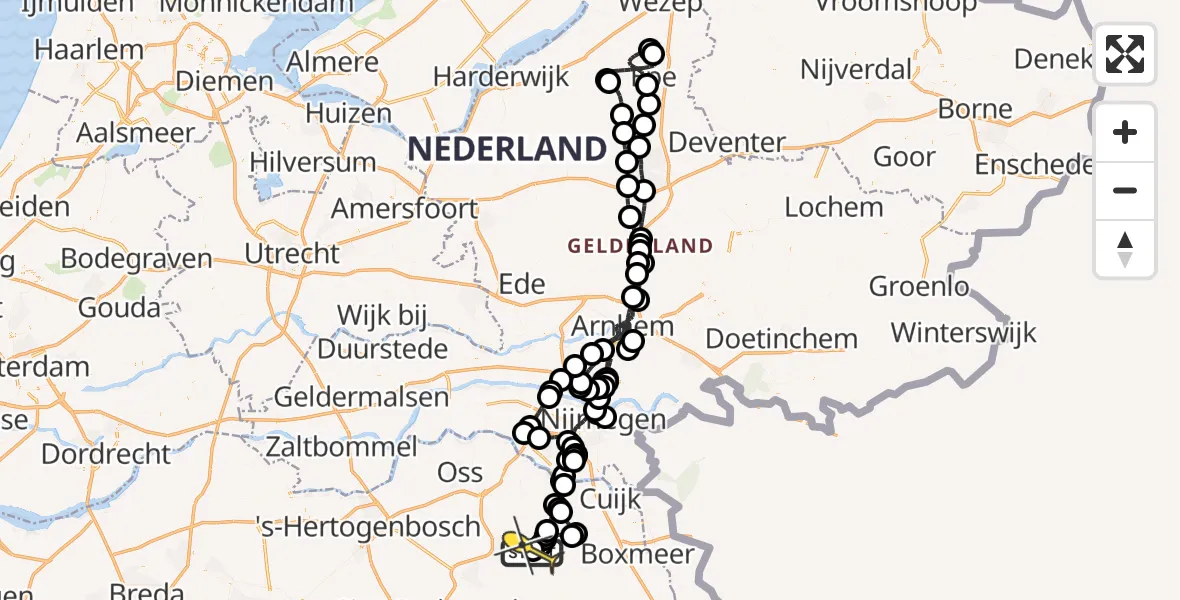 Routekaart van de vlucht: Politiehelikopter naar Vliegbasis Volkel, Zeelandsedijk