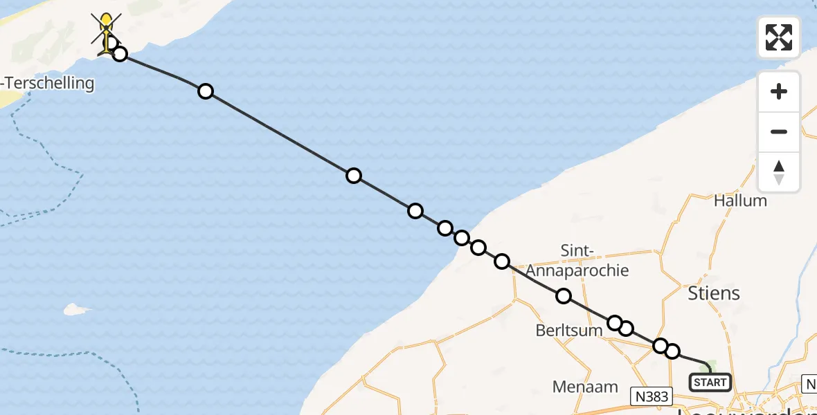 Routekaart van de vlucht: Ambulanceheli naar Midsland, Keegsdijkje