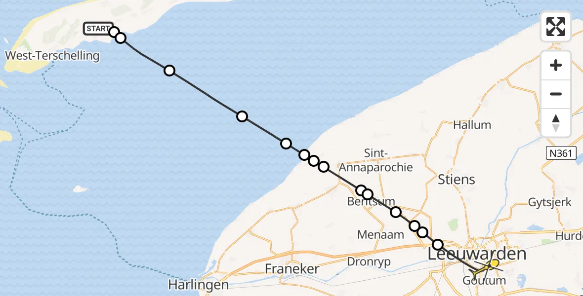 Routekaart van de vlucht: Ambulancehelikopter naar Leeuwarden, Noord Midslandweg