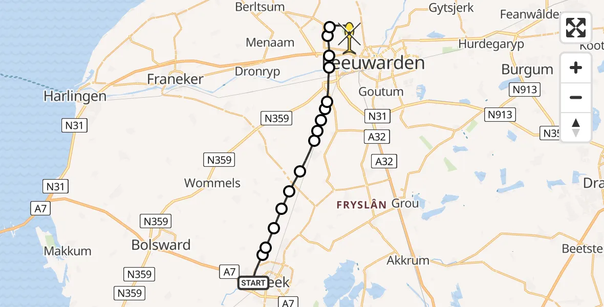 Routekaart van de vlucht: Ambulanceheli naar Vliegbasis Leeuwarden, Harinxmalaan