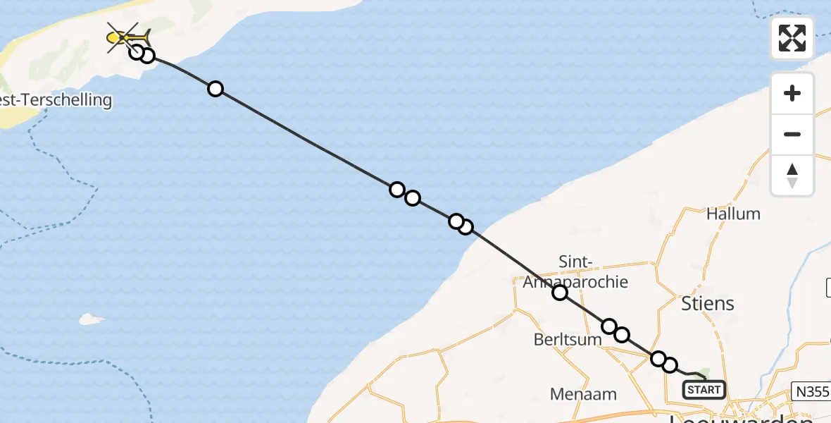 Routekaart van de vlucht: Ambulancehelikopter naar Midsland, Buitengebied Noordwest