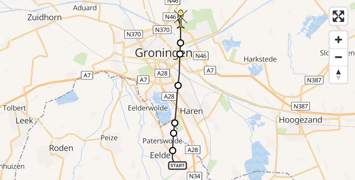 Routekaart van de vlucht: Lifeliner 4 naar Groningen, Weeakkerweg