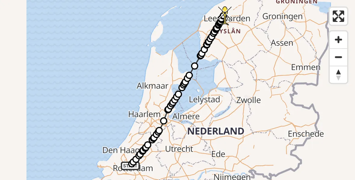 Vluchtroute Ambulancehelikopter van Rotterdam The Hague Airport naar Vliegbasis Leeuwarden
