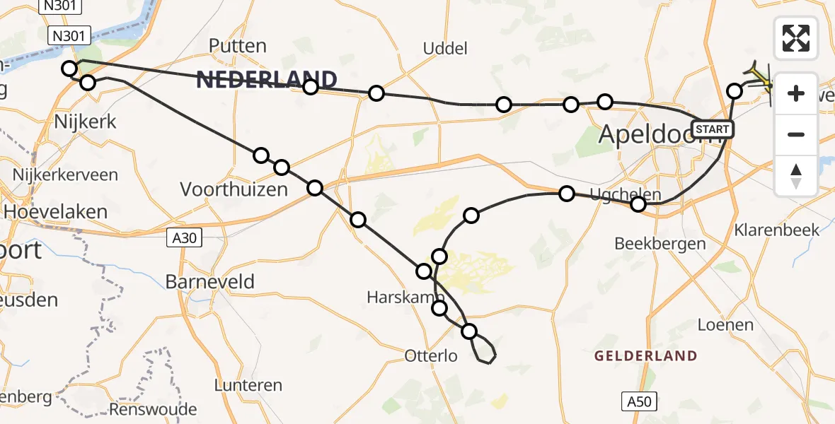Routekaart van de vlucht: Politiehelikopter naar Vliegveld Teuge, Mheenpark