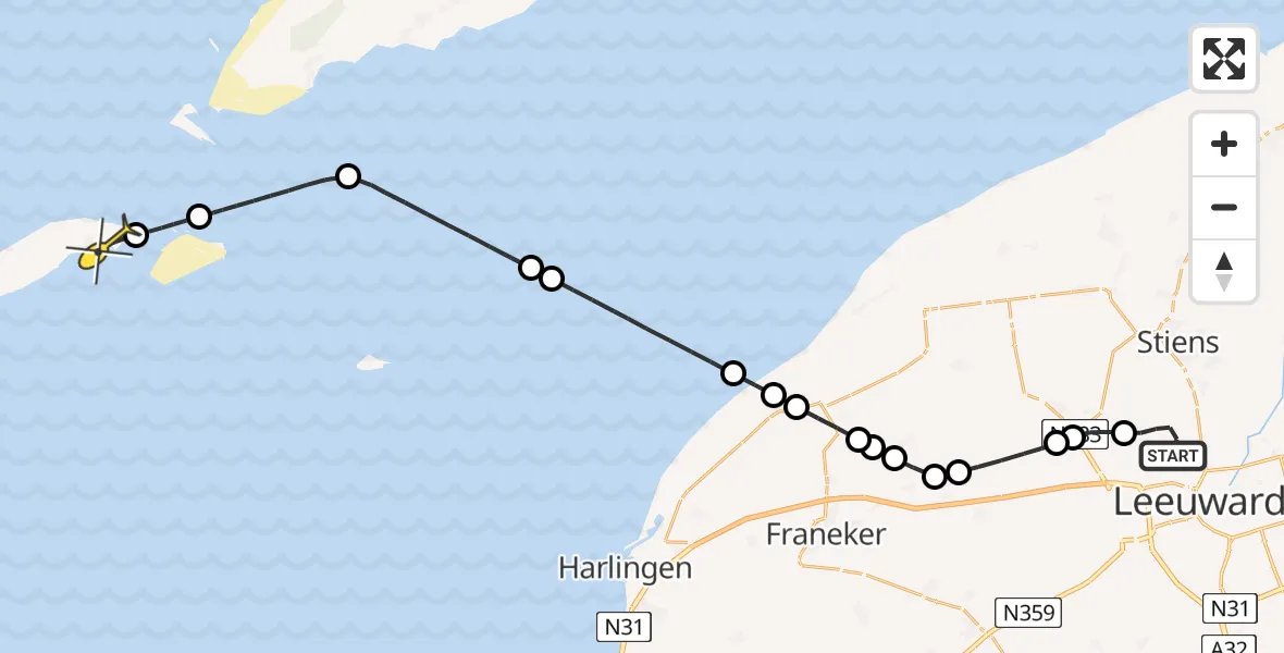 Routekaart van de vlucht: Ambulanceheli naar Vlieland Heliport, Keegsdijkje
