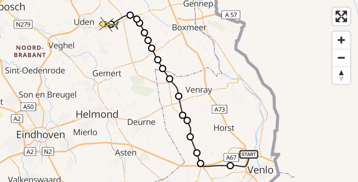 Routekaart van de vlucht: Politieheli naar Vliegbasis Volkel, Newtonweg