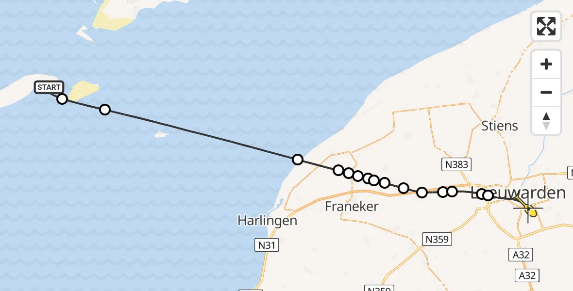 Routekaart van de vlucht: Ambulancehelikopter naar Leeuwarden, Haven Vlieland
