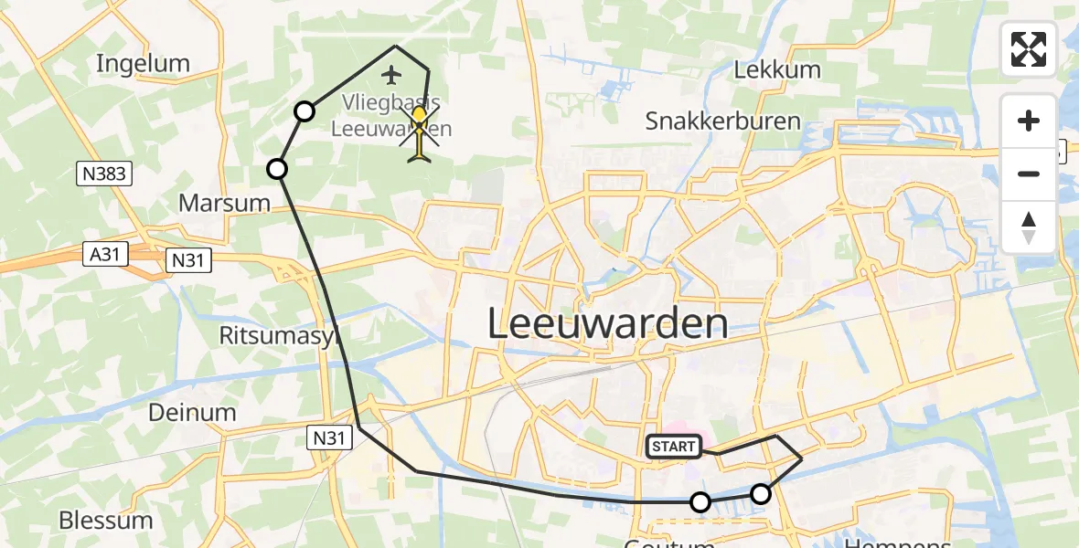 Routekaart van de vlucht: Ambulancehelikopter naar Vliegbasis Leeuwarden, Zenegroen