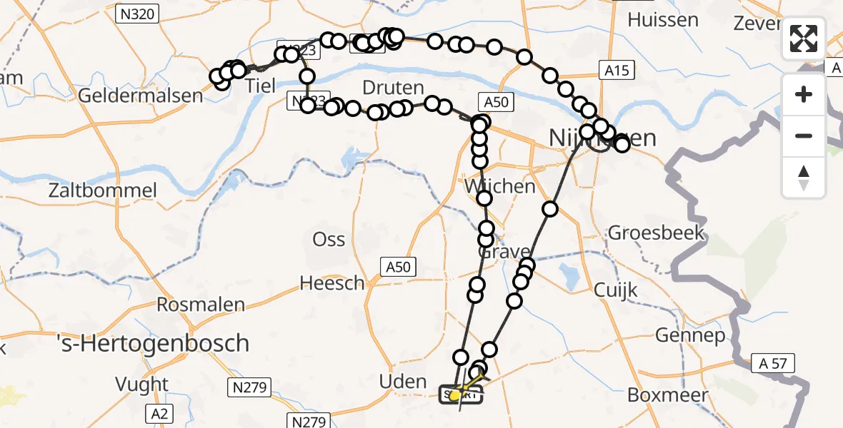 Routekaart van de vlucht: Politieheli naar Vliegbasis Volkel, Zeelandsedijk