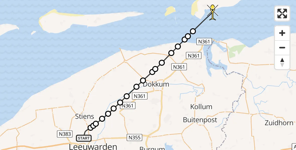 Routekaart van de vlucht: Ambulancehelikopter naar Schiermonnikoog, Brédyk