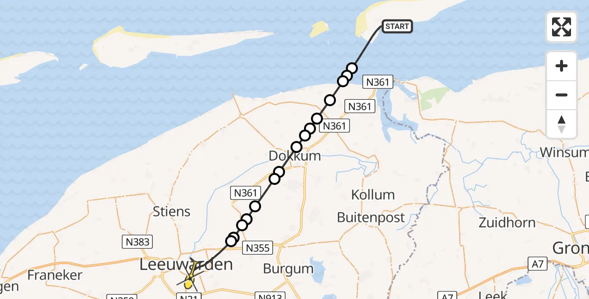 Routekaart van de vlucht: Ambulancehelikopter naar Leeuwarden, Heereweg
