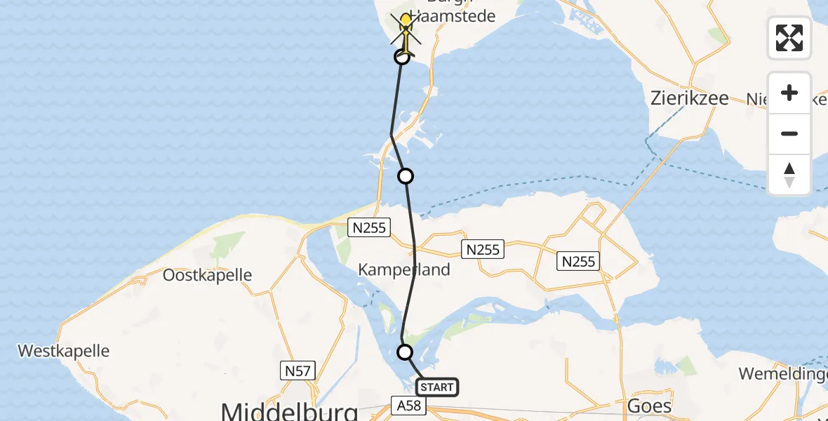 Routekaart van de vlucht: Kustwachthelikopter naar Burgh-Haamstede, Oranjeplaatweg
