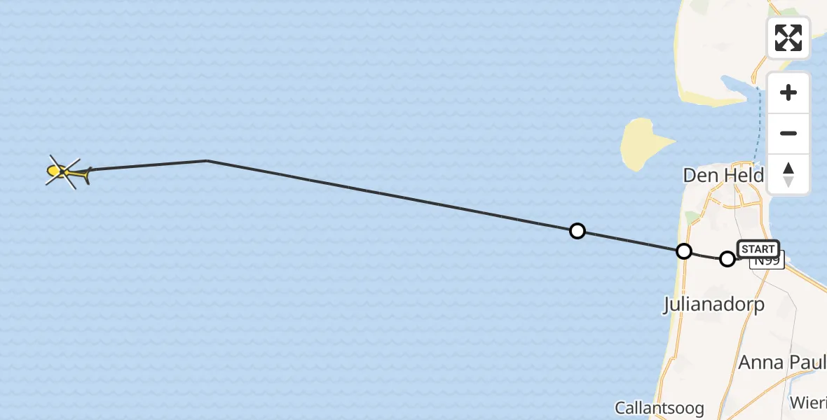 Routekaart van de vlucht: Kustwachthelikopter naar Middenvliet