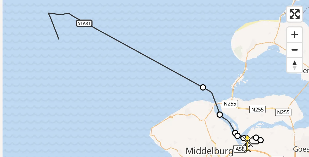 Routekaart van de vlucht: Kustwachthelikopter naar Vliegveld Midden-Zeeland, Calandweg