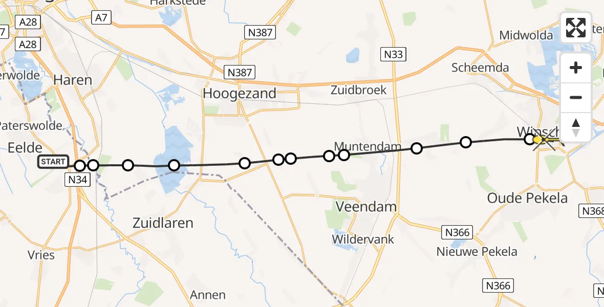 Routekaart van de vlucht: Lifeliner 4 naar Winschoten, Burgemeester J.G. Legroweg