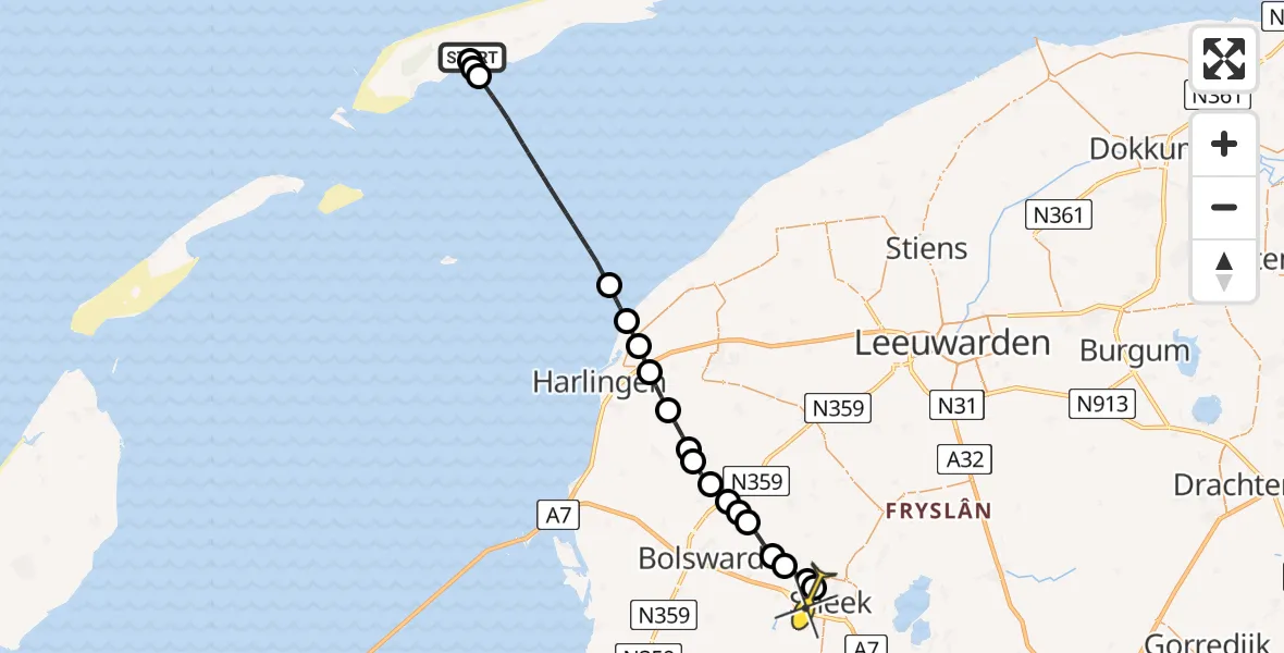 Routekaart van de vlucht: Ambulanceheli naar Sneek, Ponswiel