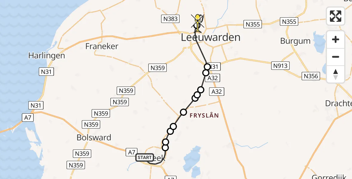 Routekaart van de vlucht: Ambulancehelikopter naar Vliegbasis Leeuwarden, Kaatsland
