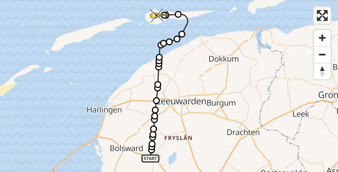 Routekaart van de vlucht: Ambulanceheli naar Ameland Airport Ballum, Kleasterwei