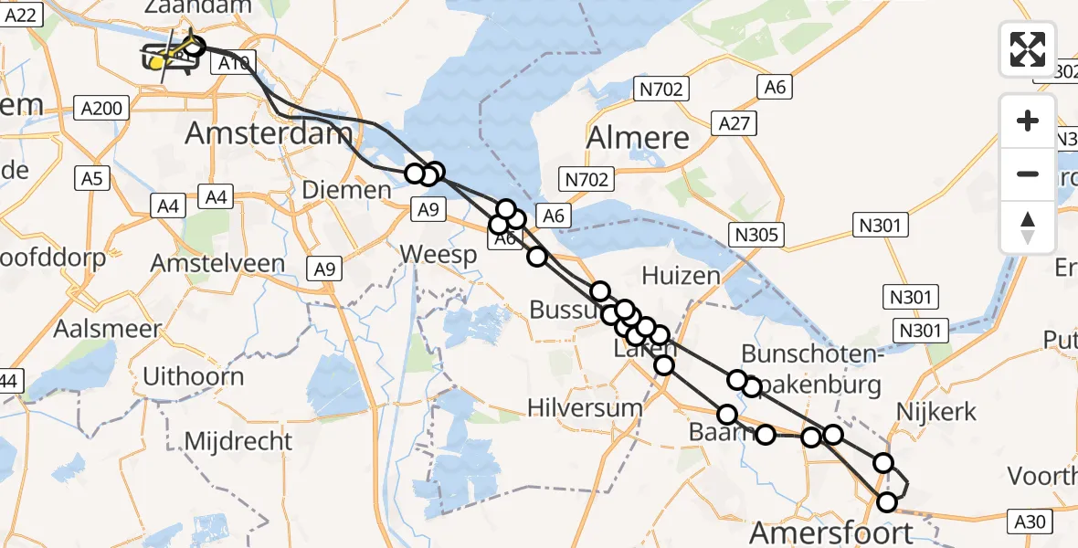 Routekaart van de vlucht: Lifeliner 1 naar Amsterdam Heliport, Kompasweg