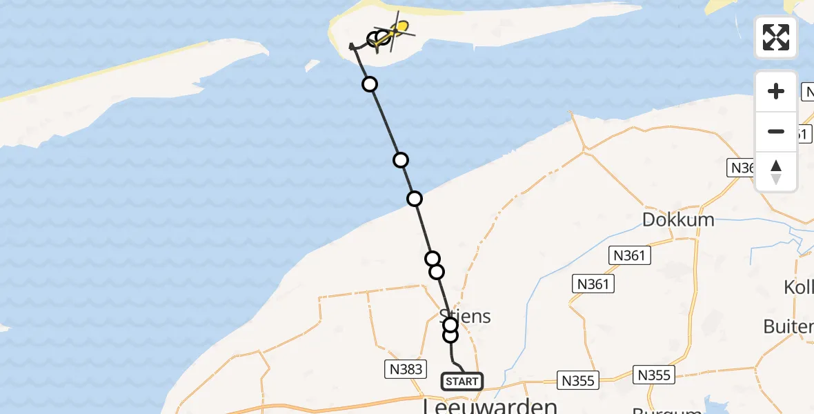 Routekaart van de vlucht: Ambulancehelikopter naar Ameland Airport Ballum, Keegsdijkje